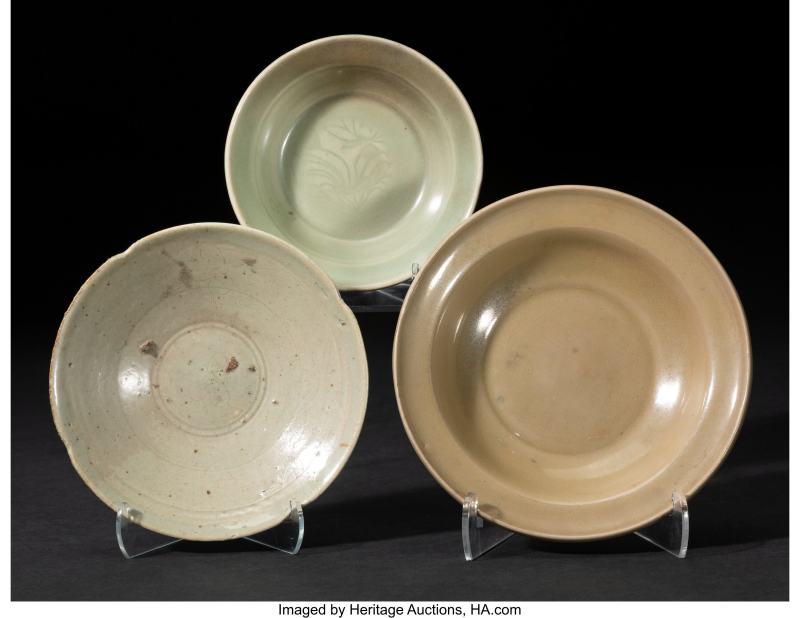 A Group of Three Asian Celadon-Glazed Dishes
