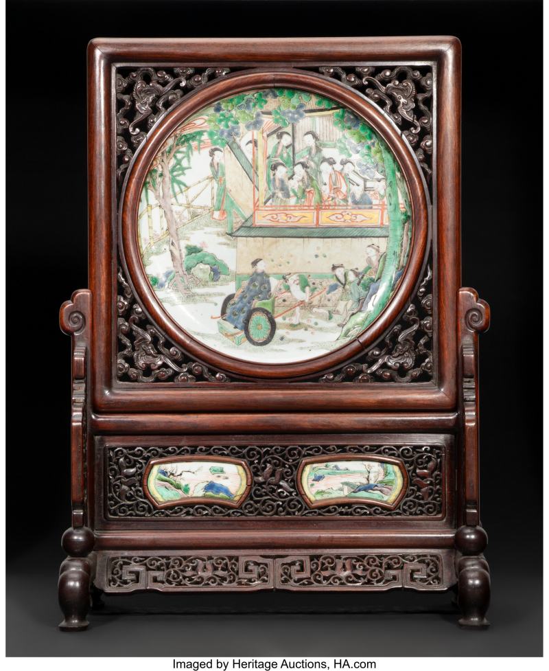A Chinese Famille Verte Charger Mounted as a Table Screen