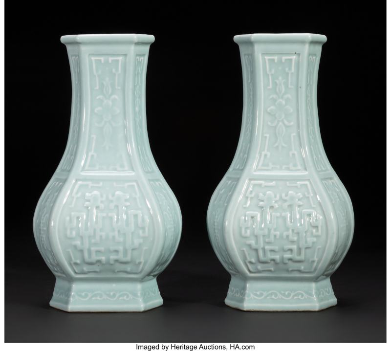 A Pair of Chinese Blue-Glazed Hexagonal Vases