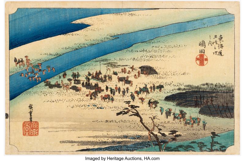 Utagawa Hiroshige I (Japanese, 1797-1858), Shimada, the Suruga Bank of the Oi River (Shimada, Oigawa Sungan), from the series Fifty-three Stations of the Tokaido (Tokaido gojusan tsugi no uchi), circa 1833-34