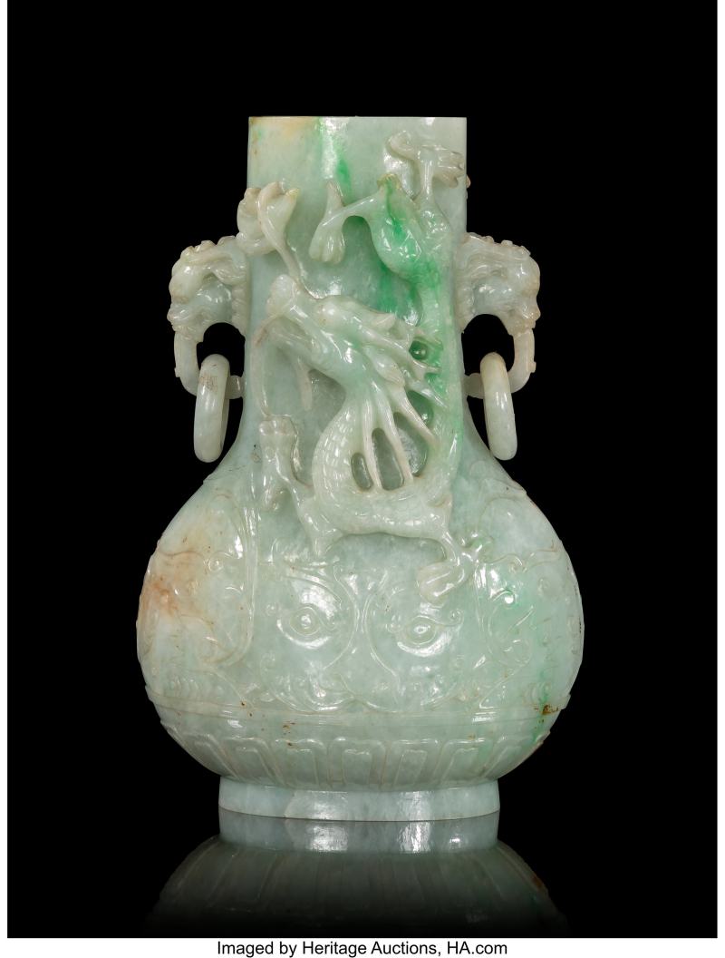 A Chinese Carved Jadeite 'Dragon' Double-Handled Vase