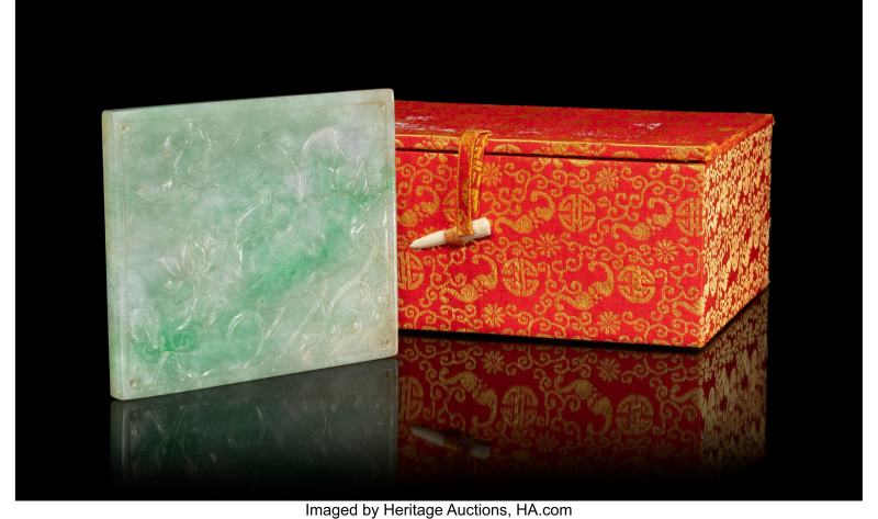 A Chinese Carved Jadeite 'Lotus and Birds' Plaque - 图2