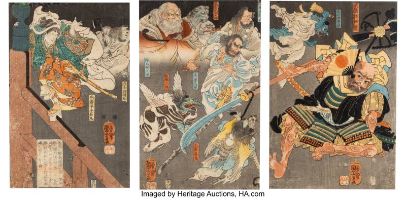 Utagawa Kuniyoshi (Japanese, 1798-1861), Ushiwakamaru Fights Benkei on Gojo Bridge with the Help of the Tengu (Triptych)