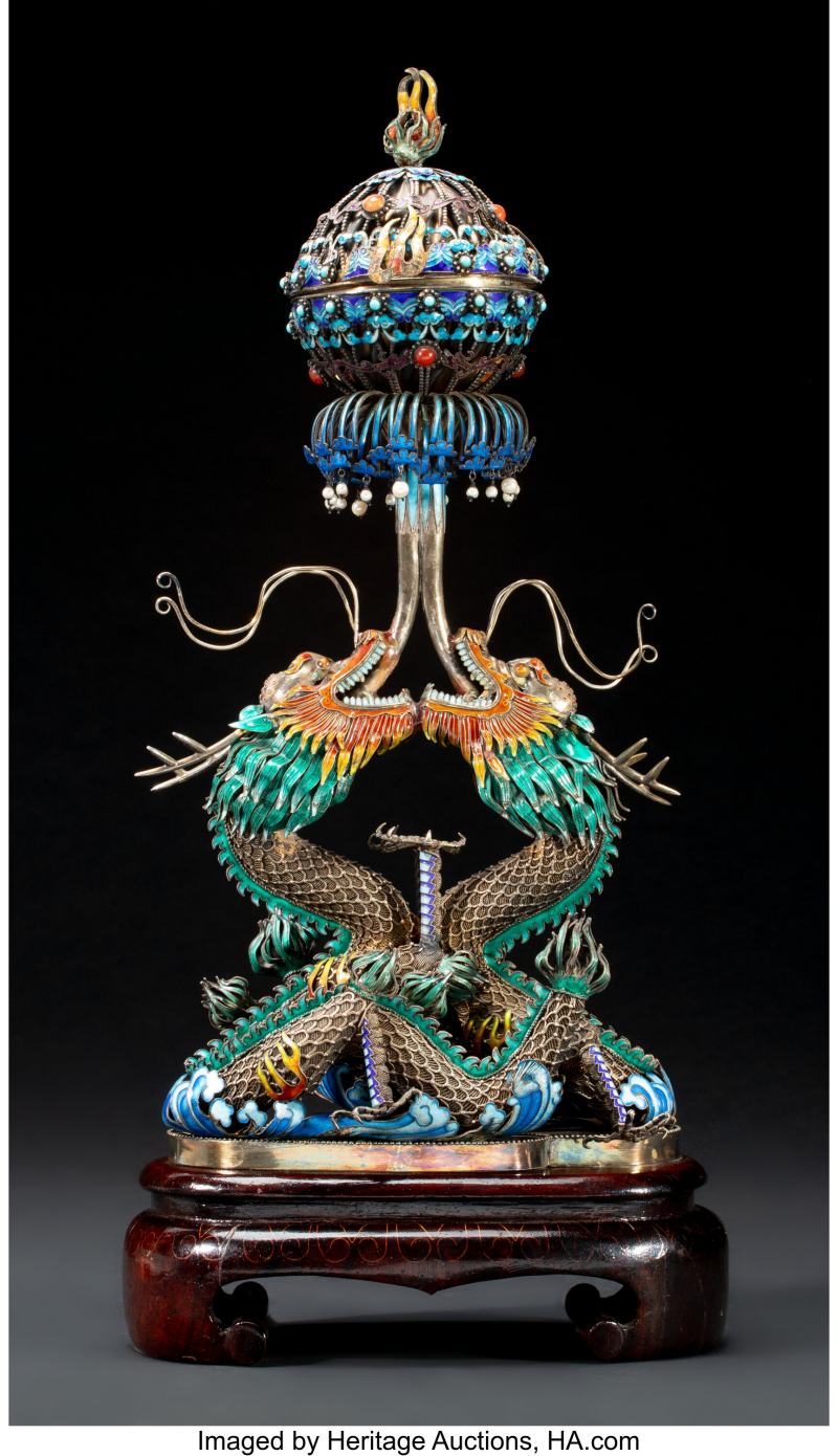 A Chinese Enameled Silver Filigree 'Dragons' Censer
