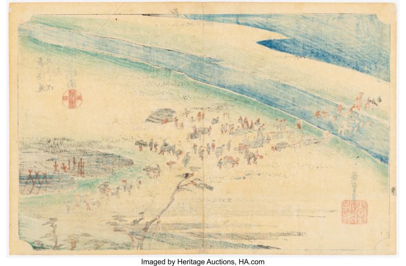 Utagawa Hiroshige I (Japanese, 1797-1858), Shimada, the Suruga Bank of the Oi River (Shimada, Oigawa Sungan), from the series Fifty-three Stations of the Tokaido (Tokaido gojusan tsugi no uchi), circa 1833-34 - 图2