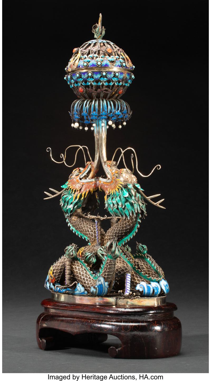 A Chinese Enameled Silver Filigree 'Dragons' Censer - 图2