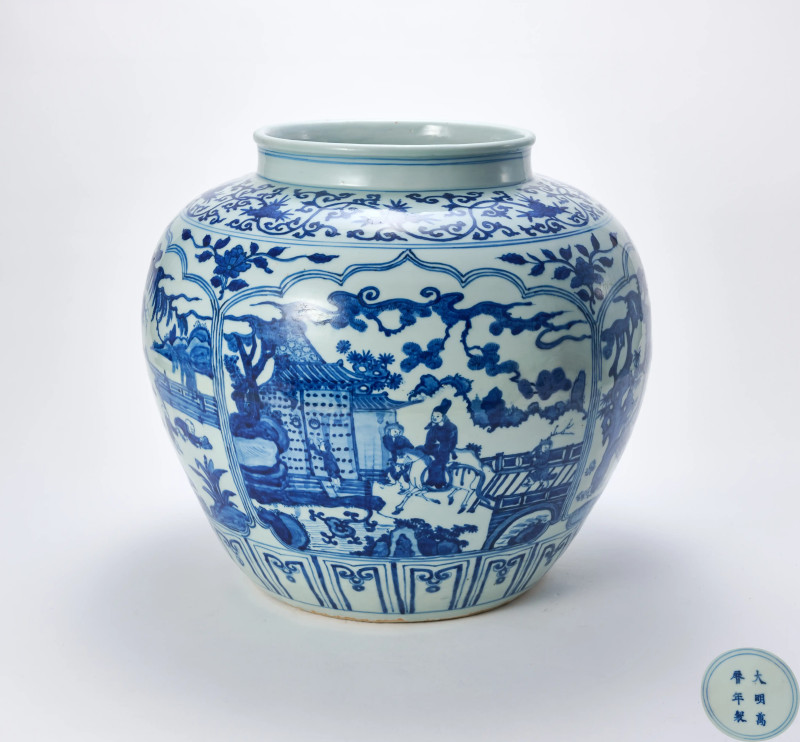 明万历 青花四贤居士图大罐