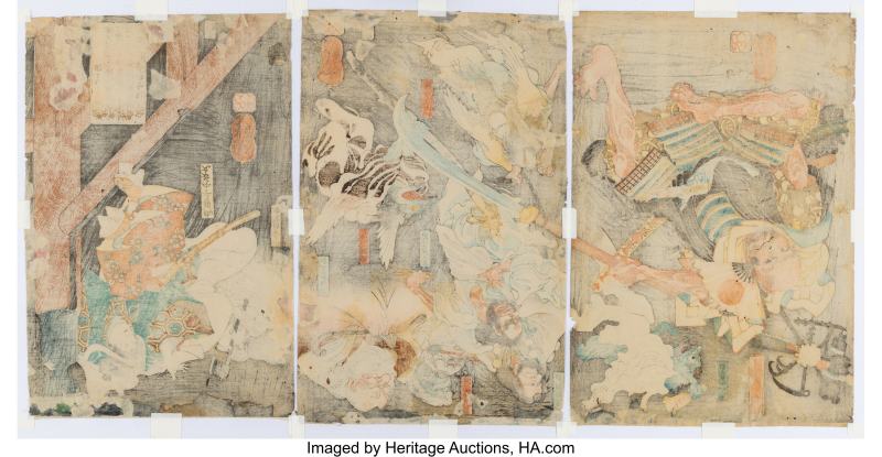 Utagawa Kuniyoshi (Japanese, 1798-1861), Ushiwakamaru Fights Benkei on Gojo Bridge with the Help of the Tengu (Triptych) - 图2