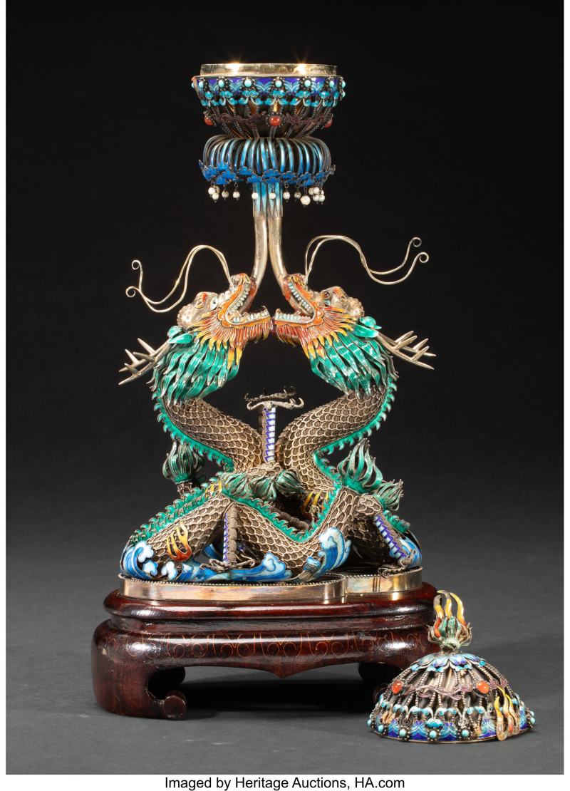 A Chinese Enameled Silver Filigree 'Dragons' Censer - 图3