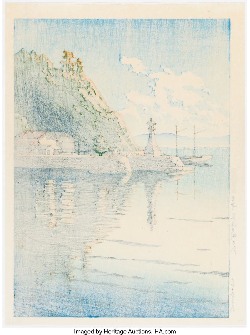 Kawase Hasui (Japanese, 1883-1957), Morning on Mihogaseki, Izumo (Izumo Mihogaseki no asa), from the series Selected Views of Japan (Nihon fukei senshu) - 图2