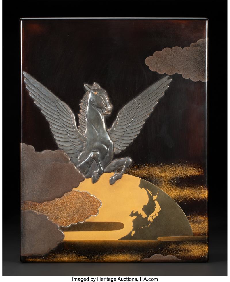 A Japanese Inlaid-Lacquer 'Pegasus' Bunko, by Hayashi Bunshu, Gyozan, Shosai, and Mikizo