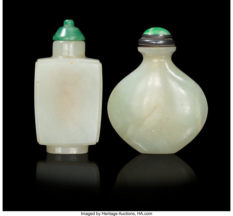 Two Chinese Carved Celadon Jade Snuff Bottles