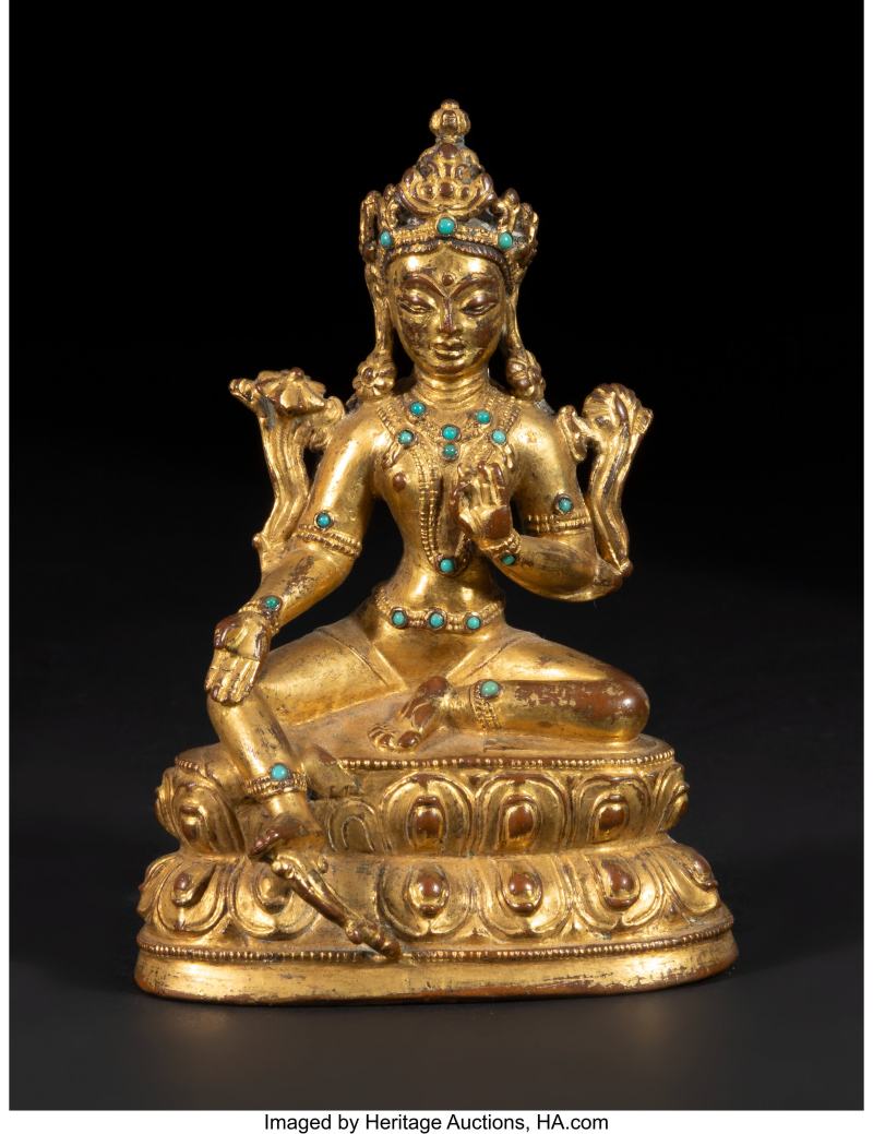 A Tibetan Gilt Bronze Seated Figure of Green Tara