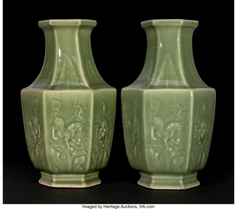 A Pair of Chinese Celadon-Glazed Hexagonal Vases