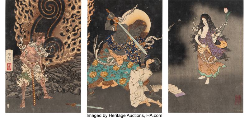 Tsukioka Yoshitoshi (Japanese, 1839-1892), Fudo Myoo Threatening Yuten (triptych)
