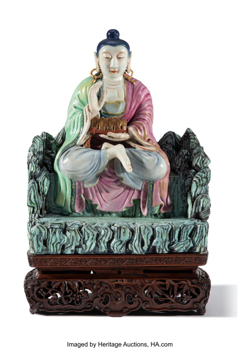 A Rare and Exceptional Chinese Molded Famille Rose Figure of the Arhat