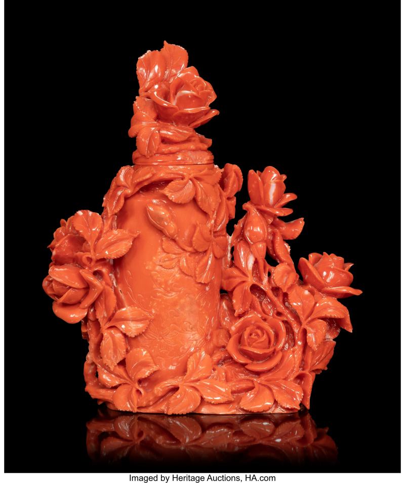 A Chinese Carved Coral Miniature Covered Floral Vase