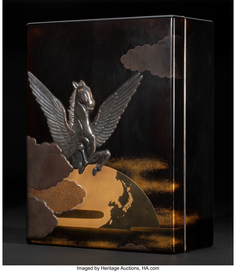 A Japanese Inlaid-Lacquer 'Pegasus' Bunko, by Hayashi Bunshu, Gyozan, Shosai, and Mikizo - 图2