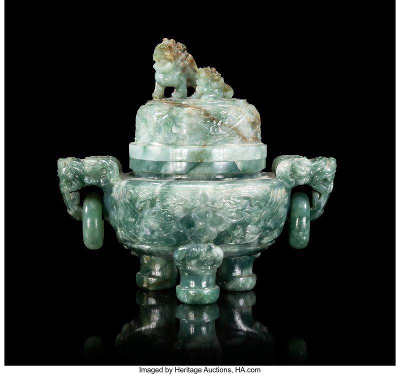A Chinese Carved Jadeite Tripod Double-Handled Censer with Cover