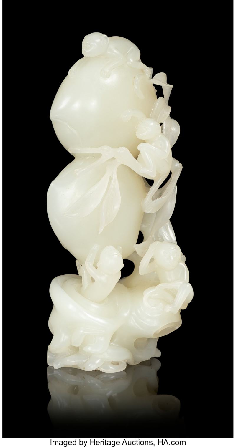 A Chinese Carved Pale Celadon Jade Peaches and Monkeys - 图2