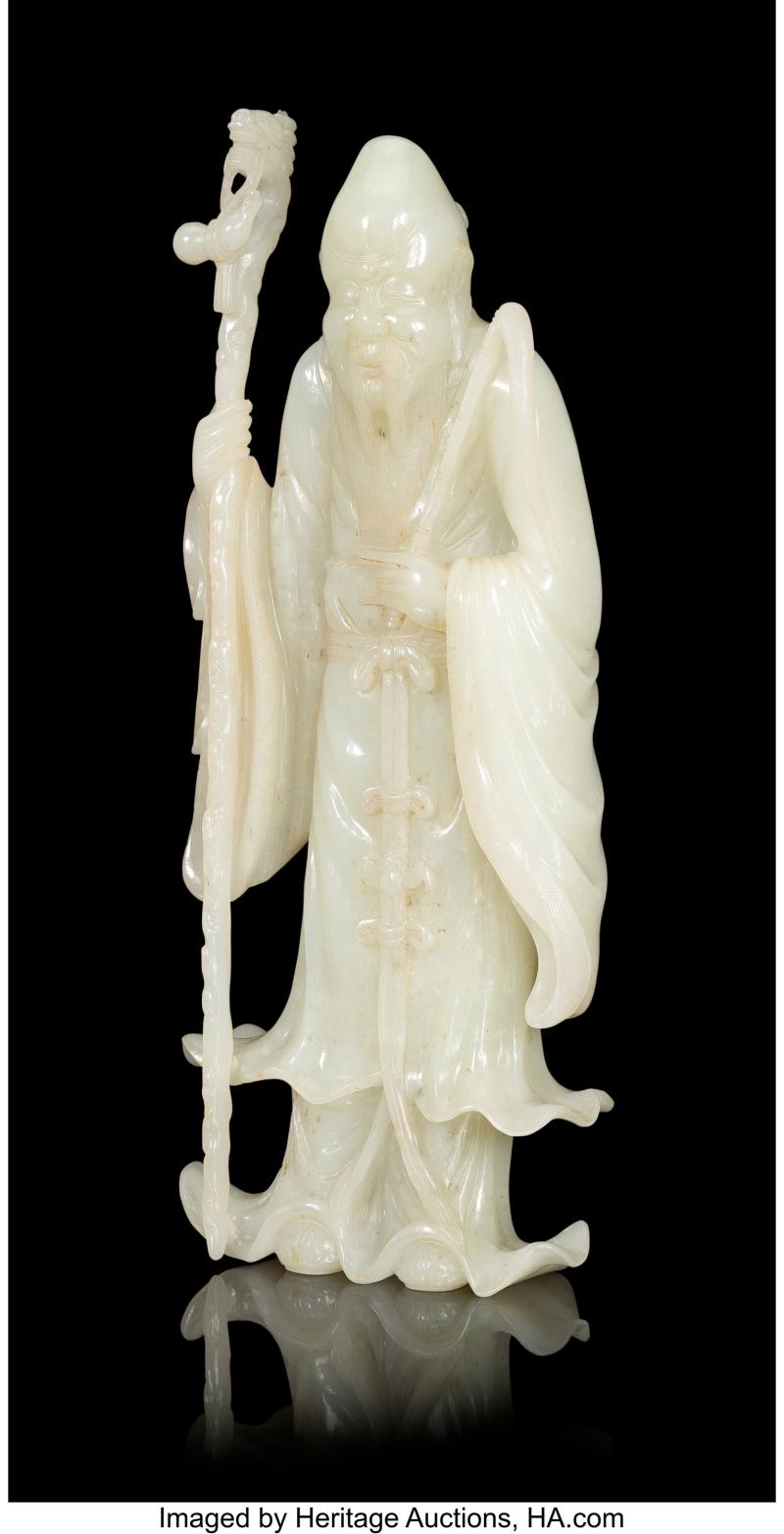 A Chinese Carved White Jade Figure of Shoulao with Staff - 图2