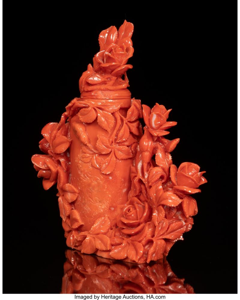 A Chinese Carved Coral Miniature Covered Floral Vase - 图2