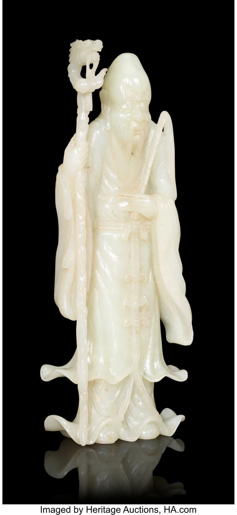 A Chinese Carved White Jade Figure of Shoulao with Staff - 图3