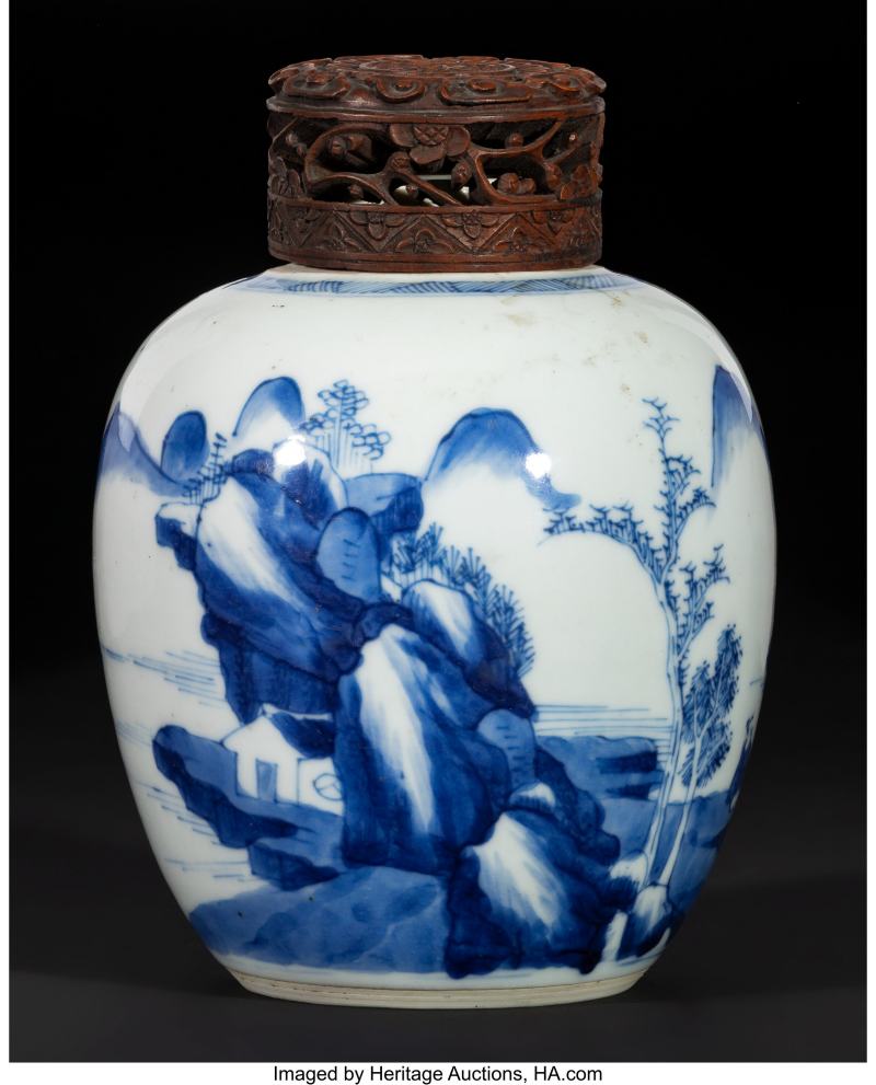 A Chinese Blue and White Jarlet with Carved Wood Cover