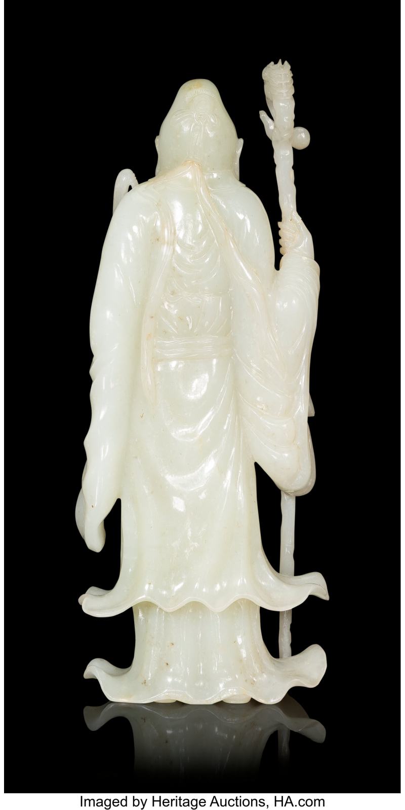 A Chinese Carved White Jade Figure of Shoulao with Staff - 图4