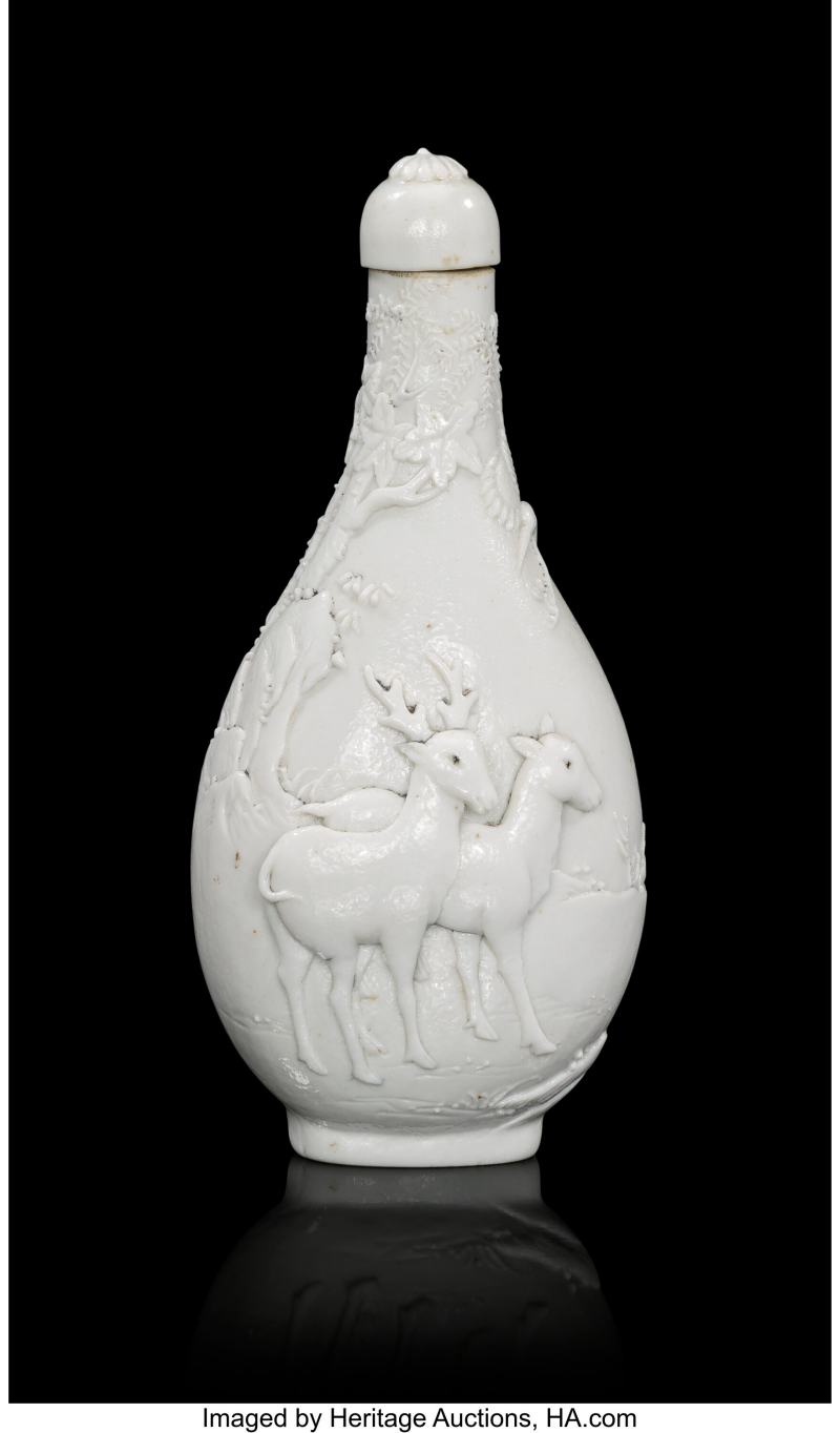 A Chinese Carved and Molded White Porcelain 'Deer' Snuff Bottle