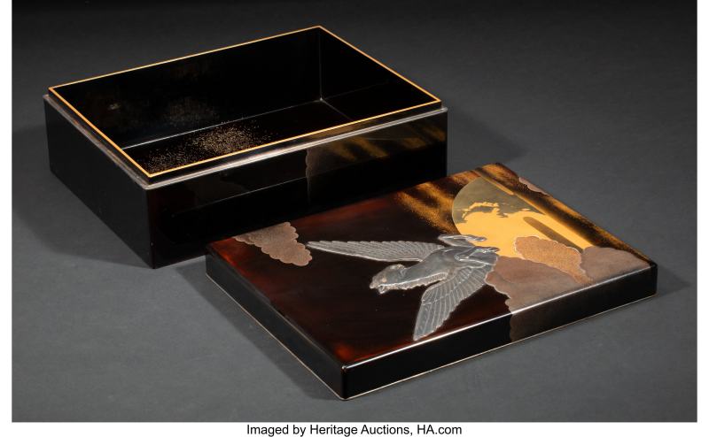 A Japanese Inlaid-Lacquer 'Pegasus' Bunko, by Hayashi Bunshu, Gyozan, Shosai, and Mikizo - 图4