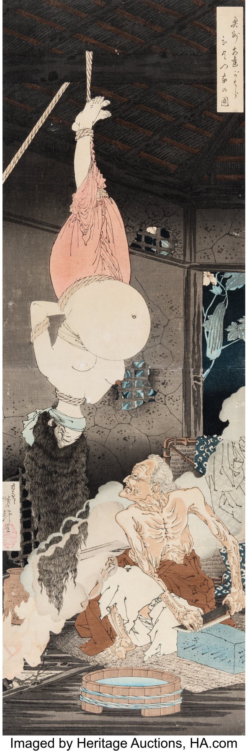 Tsukioka Yoshitoshi (Japanese, 1839-1892), The Lonely House on Adachi Moor (Oshu adachigahara hirotsuya no zu) (kakemono-e, vertical diptych)