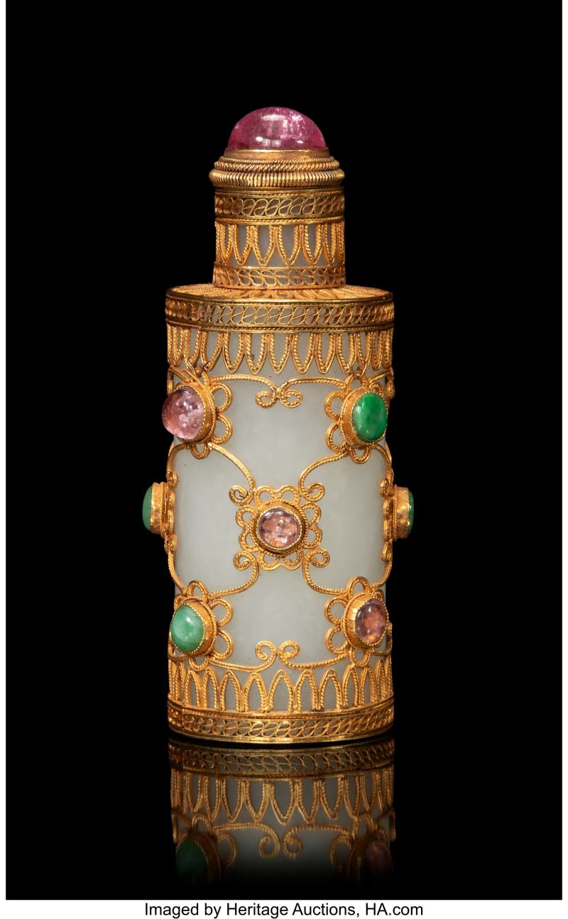 A Mughal-Style Gold and Gem-Set Carved Jade Snuff Bottle