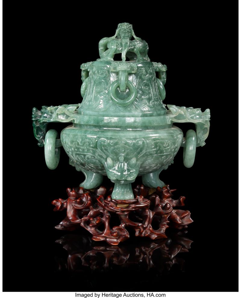 A Chinese Carved Jadeite Tripod Double-Handled Censer with Cover