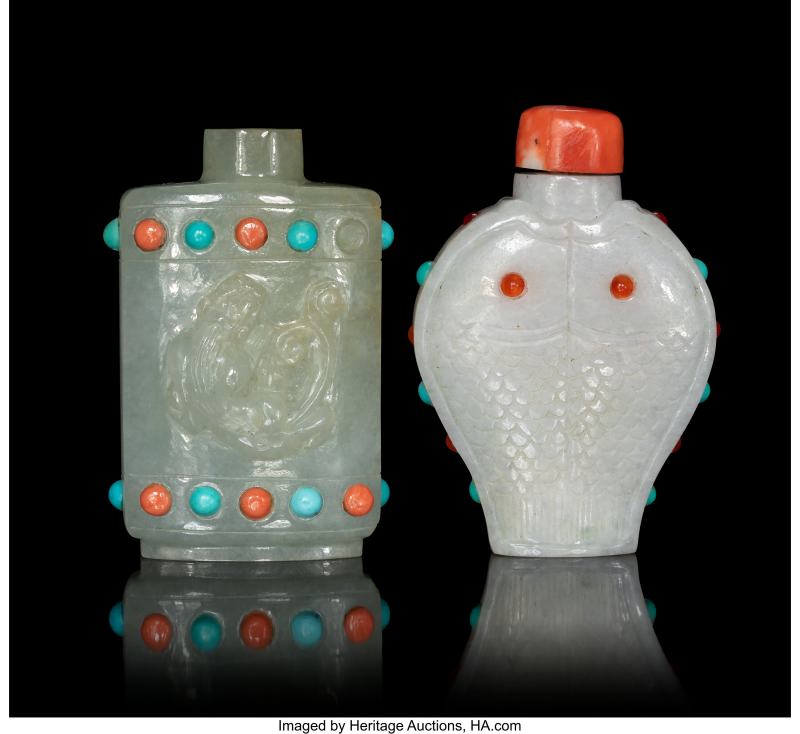 Two Chinese Carved Jadeite Snuff Bottles with Turquoise Inlay