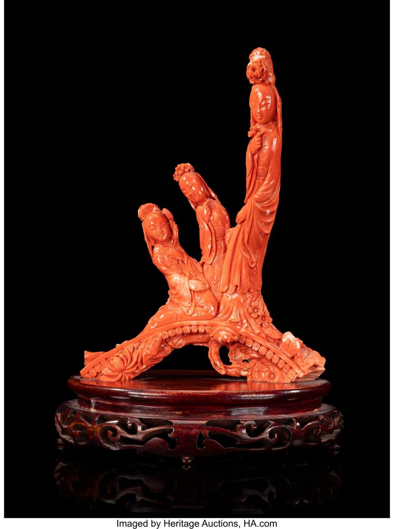 A Chinese Carved Coral Figural Group of Three Beauties