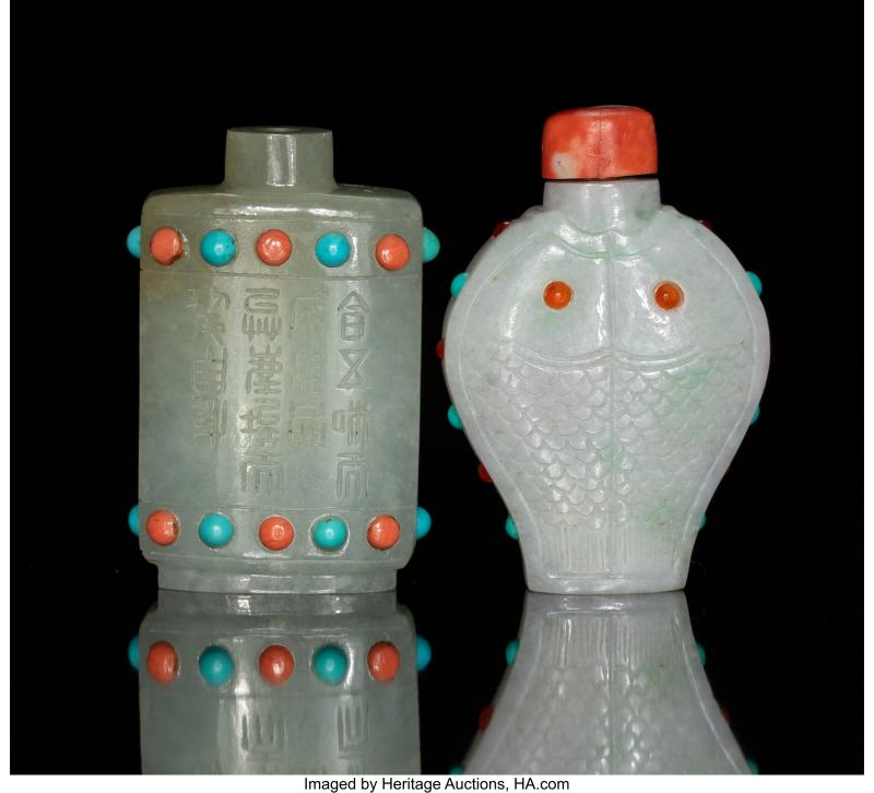 Two Chinese Carved Jadeite Snuff Bottles with Turquoise Inlay - 图2