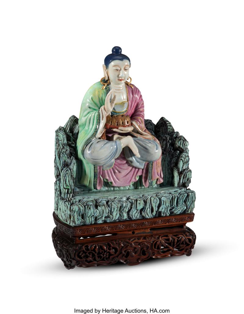 A Rare and Exceptional Chinese Molded Famille Rose Figure of the Arhat - 图7