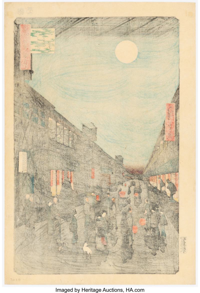 Utagawa Hiroshige I (Japanese, 1797-1858), Night View of Saruwaka-machi (Saruwaka-machi yoru no kei) from the series One Hundred Famous Views of Edo (Meisho Edo hyakkei) - 图2