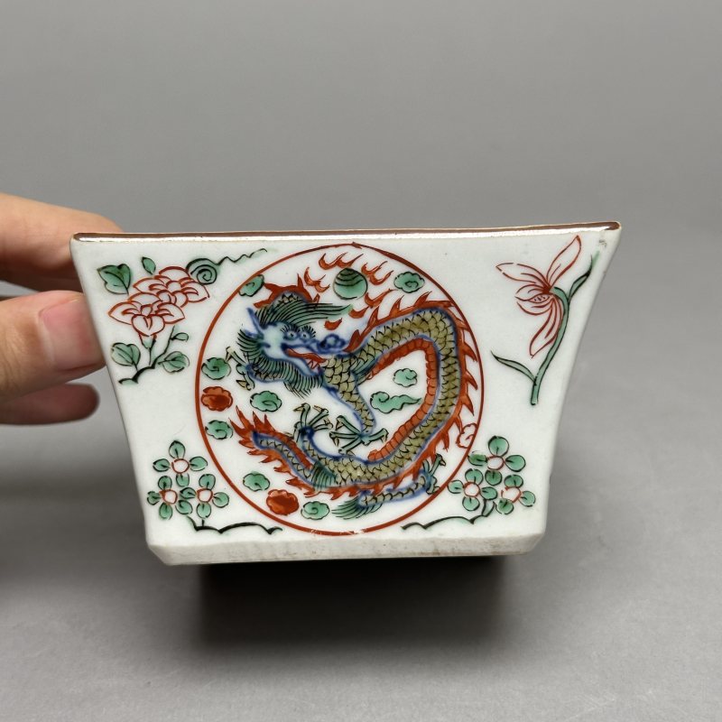 清晚期 青花五彩龙纹斗方洗 - 图4