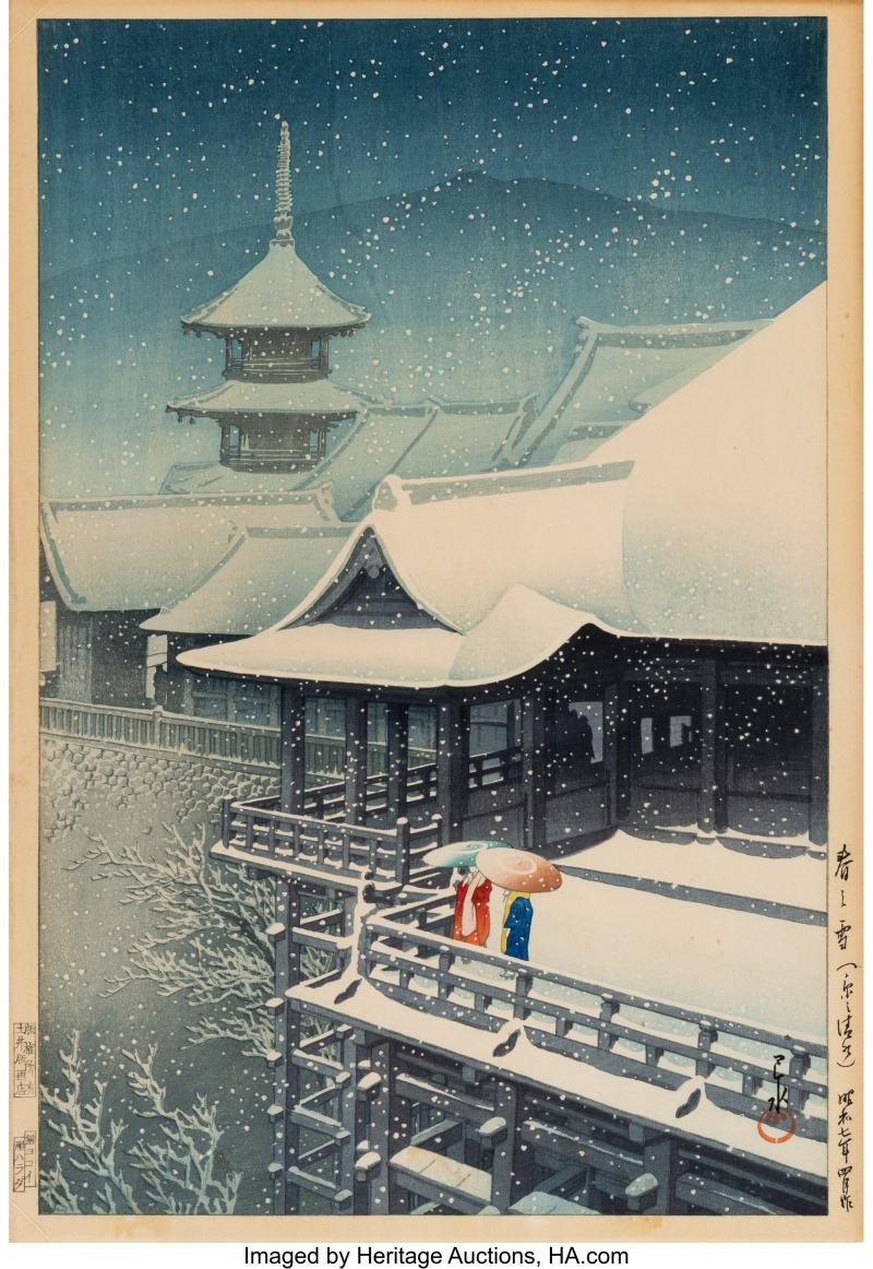 Kawase Hasui (Japanese, 1883-1957), Spring Snow at Kiyomizu Temple in Kyoto (Haru no yuki, Kyo no Kiyomizu)
