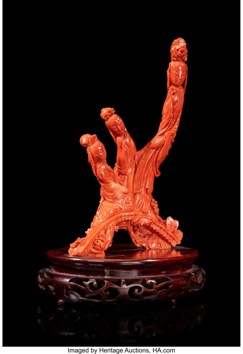 A Chinese Carved Coral Figural Group of Three Beauties - 图2