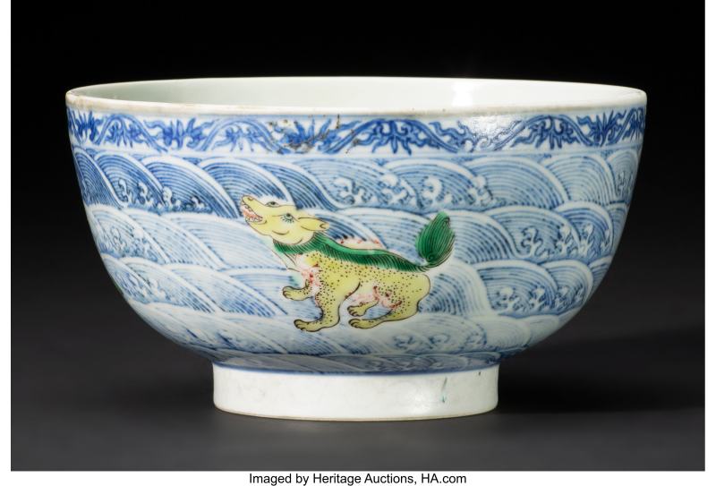 A Rare Chinese Blue and White with Famille Verte Enameled Bowl
