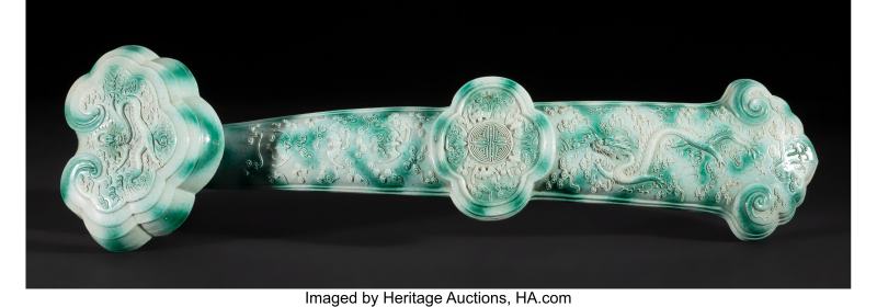 A Chinese Blown Green Enameled Ruyi Scepter