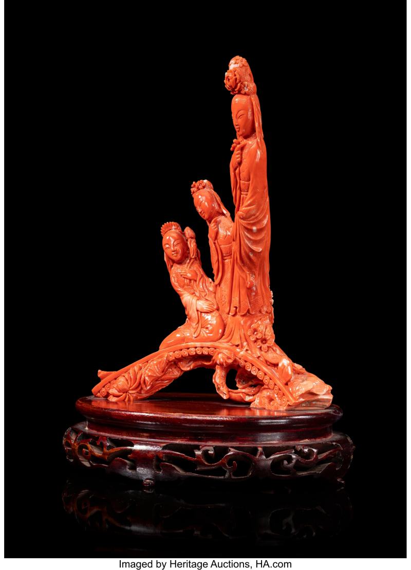 A Chinese Carved Coral Figural Group of Three Beauties - 图3