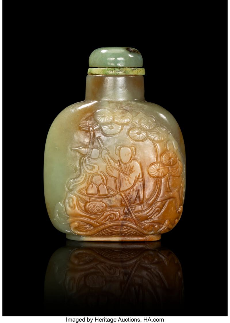 A Chinese Carved Russet Celadon Jade Snuff Bottle