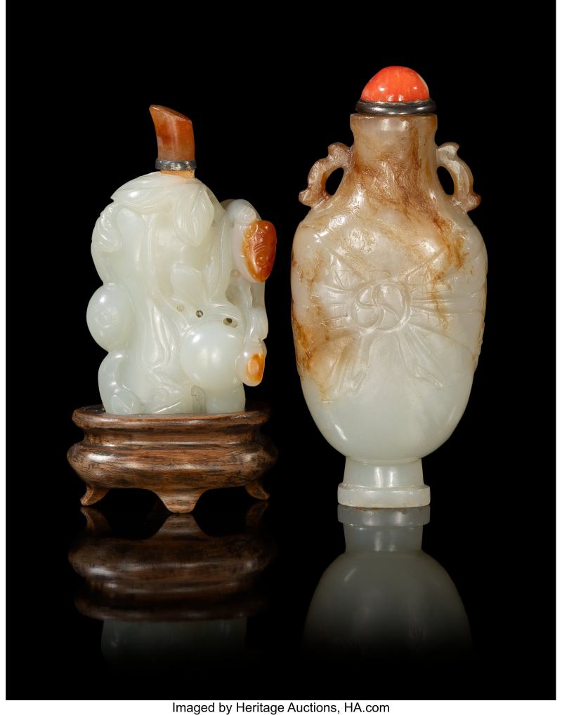 Two Chinese Carved Jade Snuff Bottles
