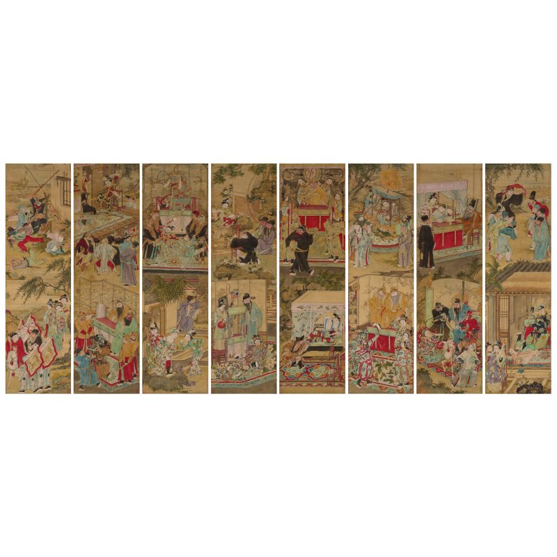 徐廷琨（1777-1853）　京劇故事燈畫　設色絹本　立軸八屏 | XU TINGKUN (XU BAIZHAI, 1777-1853)