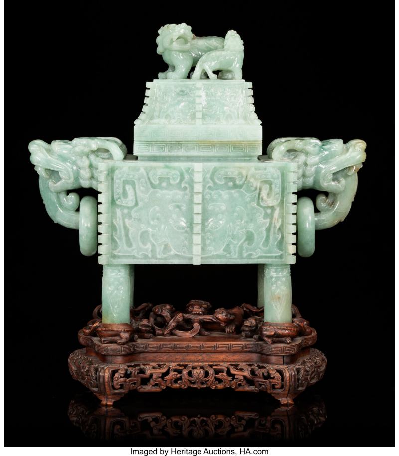 A Large Chinese Carved Jadeite Covered Censer on Wood Stand