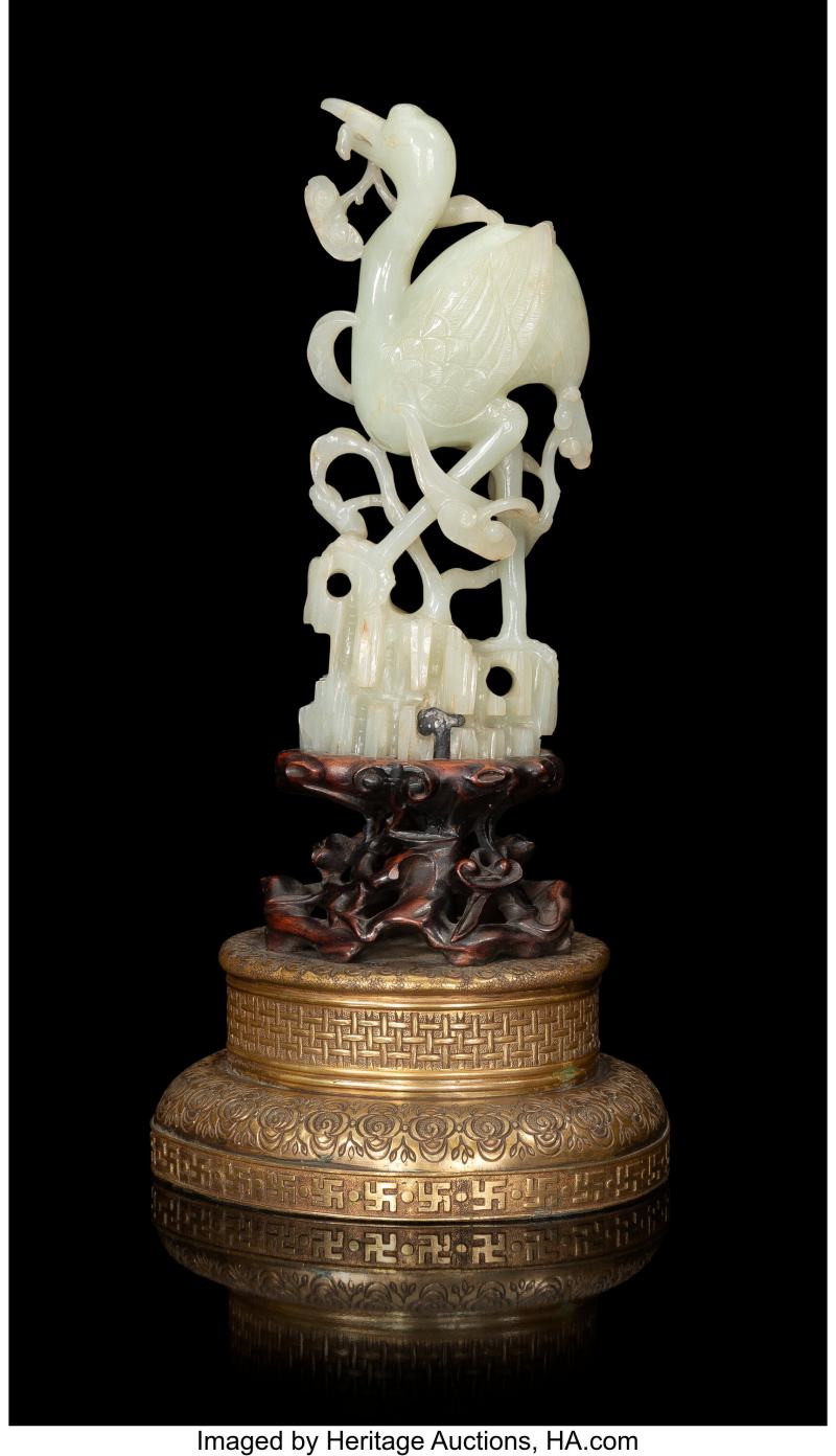 A Chinese Carved Jade Figure of a Crane Mounted on Lamp Base,